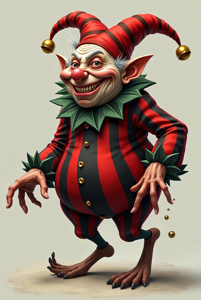 A  jester with bells on its hat and a striped outfit bouncing around
Make it look kind of troll oike but still human
Older as well
Make the outfit red and black and gave him in a hunched position
A little chubby
