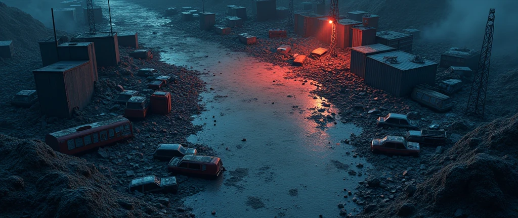 vampire the masquerade, map rpg, ((a large junkyard, with some broken cars, some mountains of rubble,)), game art, birdseye straight top-down shot from a drone, battlemap, current modern theme, seen from above, role-playing game, empty location, nighttime environment, (with realistic proportions and textures, intricate details, handdrawn, vibrant, cinematic lighting, masterpiece, 8k:1.2)