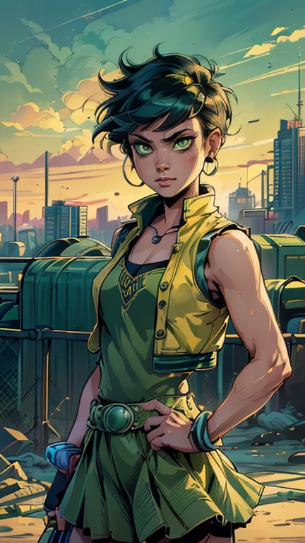 (1girl, ppgzbtc), (extremely detailed CG unit 8k wallpaper),(master part), (best quality), (ultra detail), (best illustration),(art adams style), cowboy shot, (Sharp eyeliner, ombre, detailed eyes:1), city, outdoors background, ,break , (Dan Mumford Background), upper body, (green eyes, short hair, earrings, yellow vest, green skirt)