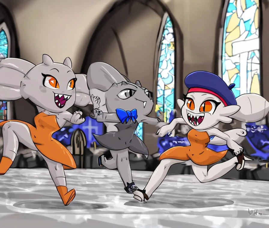 Grey Axolotl Beetle, short, charcoal grey skin, Circle tangerine-orange Eye, White slit pupils, sharp teeth, Blue beret, Orange Techwear, Blue Bow Tie, Evil Happy, running, inside Church, Style of MFKZ