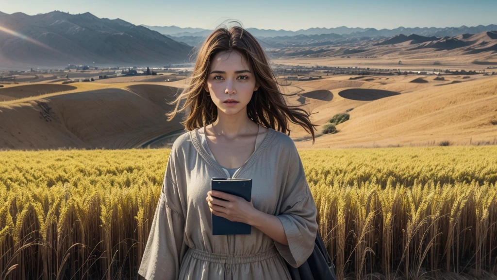 Create an engaging YouTube cover with a background in harmonious colors with an emphasis on yellow. highlight the phrase "Foreigner" and "Destino" in large, impactful letters. The image should highlight a woman in a biblical setting, such as a wheat field or a desert landscape, and in the background the city of Israel, conveying mystery and power. The cover should capture the viewer's curiosity, inviting them to discover how Ruth, a foreigner, profoundly influenced the destiny of Israel.