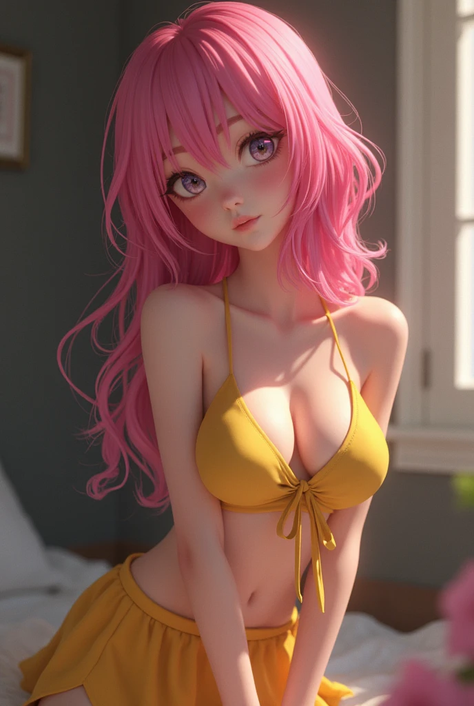 Make a very cute and sexy girl with pink hair, and with a short yellow skirt that is blushing and is now naked
