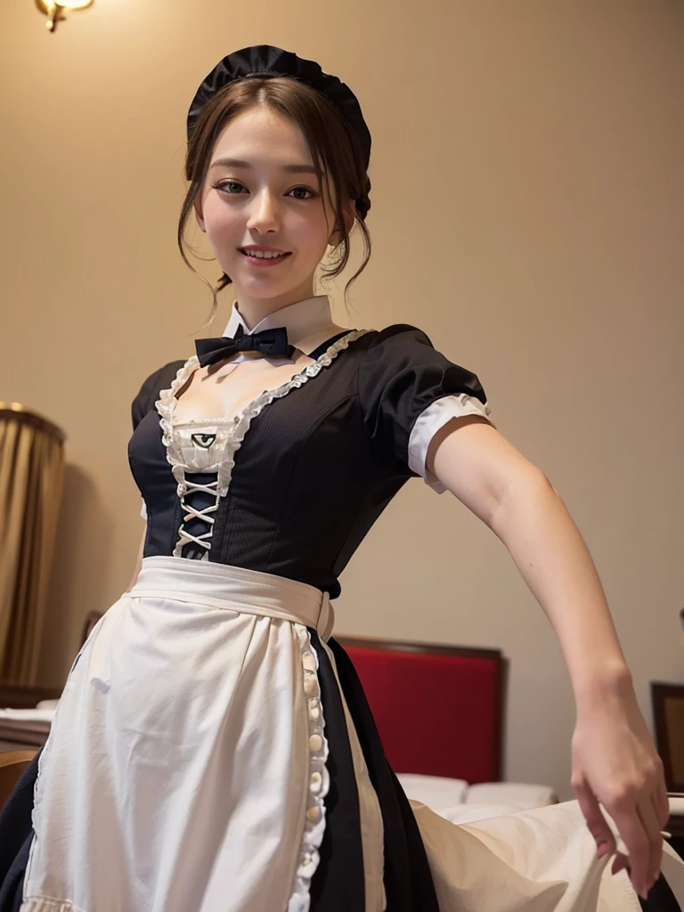 (Highest quality:1.5)、(masterpiece:1.5)、(8k:1.5)、(Flat Chest)、(Victorian tight maid uniform:1.5)、Braid、(Angle from below:1.3)、smile、(The background is the hotel:1.7)、whole body、Underbust corset、Hotel Bed、(Cowboy Position:1.5)、(She spreads her legs wide to show off her panties)