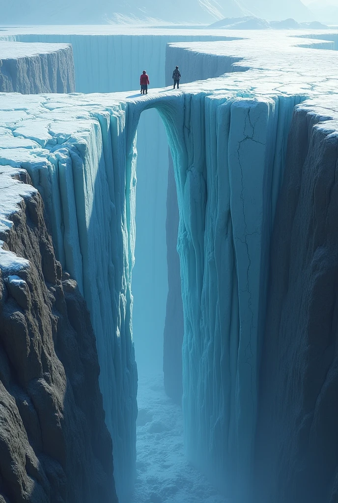 Le pont de glace fissuré : Un pont naturel en glace, fragile et fissuré, s'étendant au-dessus d'un précipice vertigineux. Les Gardiens doivent le traverser avec précaution, tandis que des morceaux de glace tombent dans l'abîme en dessous.