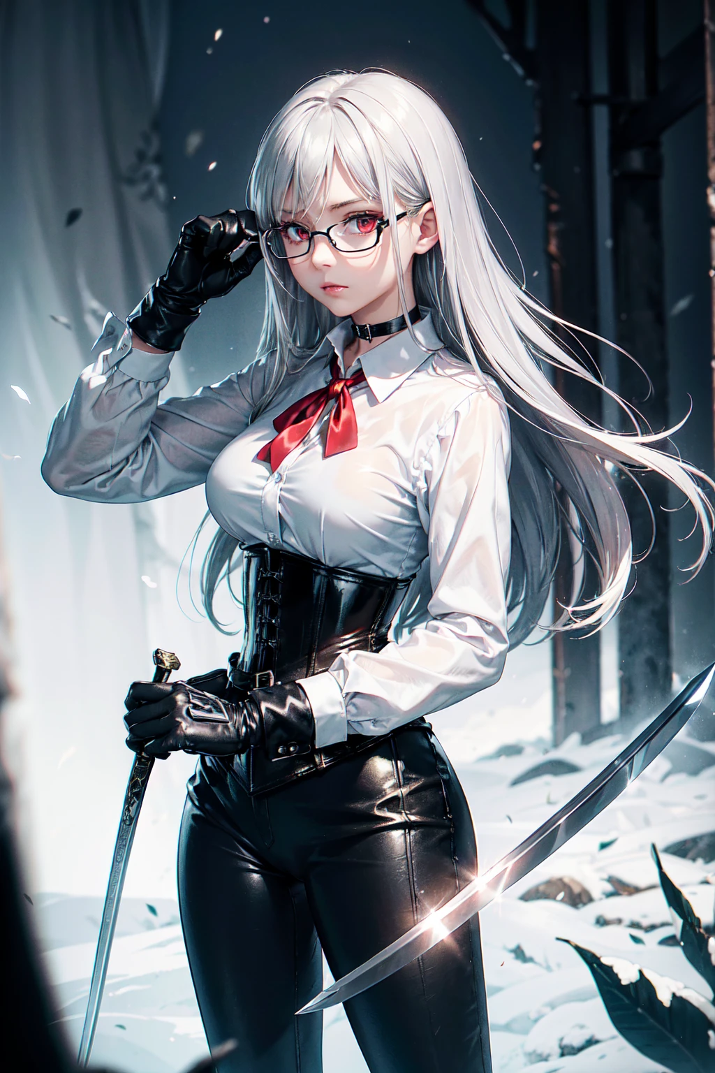 masterpiece, Superior image quality, High resolution, 4k image,Photo and gross, photorealistic, 1 young girl of 1, standing, {Alone},{{{vagina}}}, beautiful face, long silver hair, scarlet red eyes, very detailed eyes, shy expression, glasses choker:1.6, (white collar button down shirt white long sleeve), black gloves, gloves covering the hands, (wielding a sword with the right hand), (black leather corset), (shiny black leggings), (black leather boots), sensual lips , show details in the eyes, view from front, Dark forest, at night, atmosphere, fog