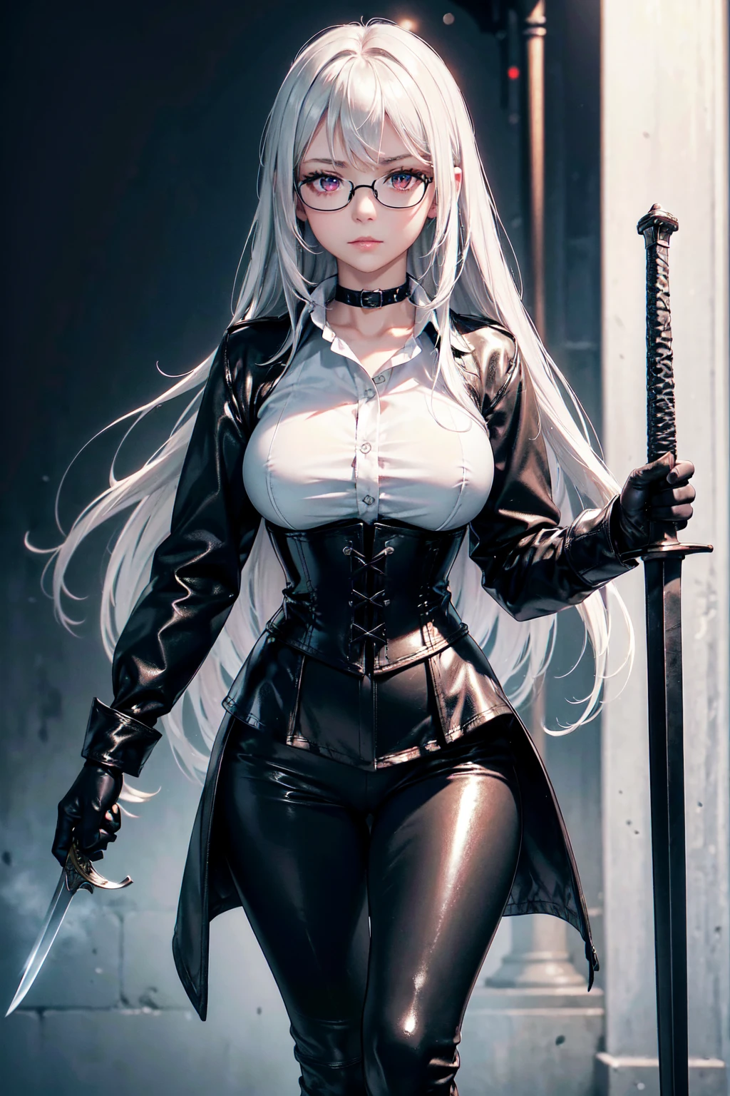 masterpiece, Superior image quality, High resolution, 4k image,Photo and gross, photorealistic, 1 young girl of 1, standing, {Alone},{{{vagina}}}, beautiful face, long silver hair, scarlet red eyes, very detailed eyes, shy expression, glasses choker:1.6, (white collar button down shirt white long sleeve), black gloves, gloves covering the hands, (wielding a sword with the right hand), (black leather corset), (shiny black leggings), (black leather boots), sensual lips , show details in the eyes, view from front, Dark forest, at night, atmosphere, fog