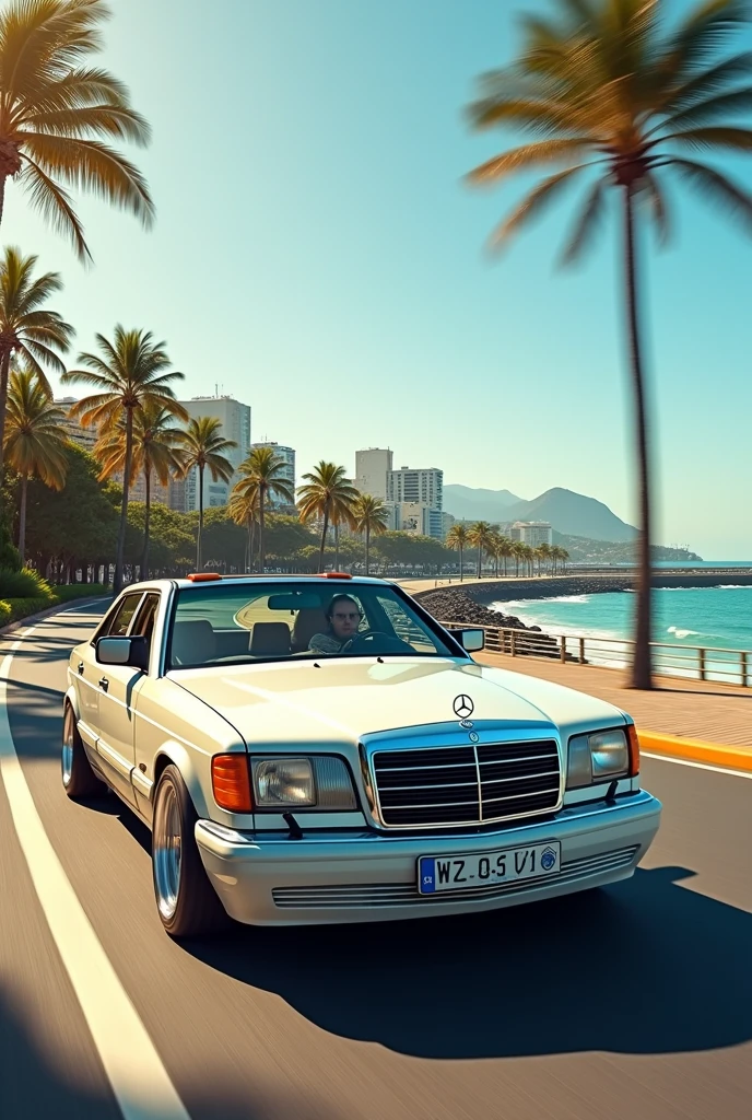 A 1992 WHITE MERCEDES BENZ 190 W201 WITH AMG WHEELS AND A SUNROOF DRIVING ALONG THE BANKS OF THE PUNTA DEL ESTE PROMENADE