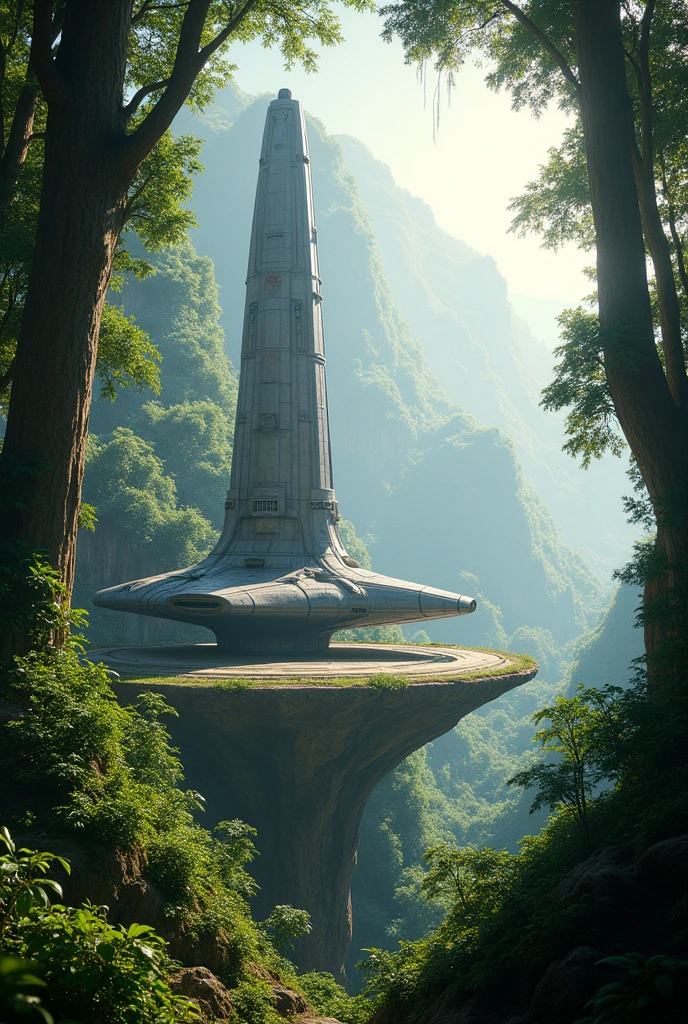 lark ship from alpha centaur mission on a plateau in the middle of a jungle