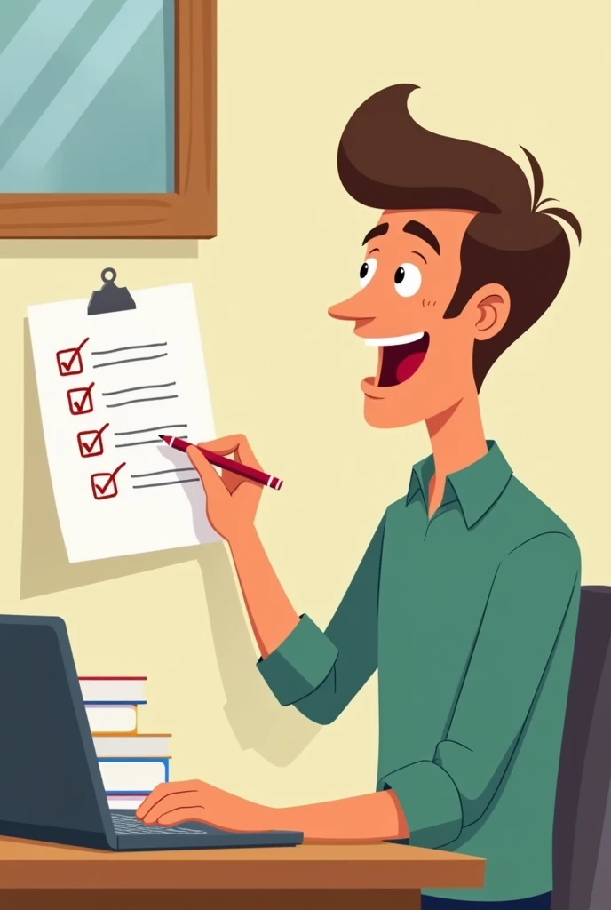 Animated man is using a list to organize his work, looking happier and more focused.