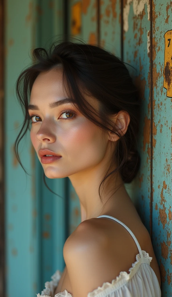 a profile of an ultra beautiful woman against an old painted clapboard wooden advertising sign, weather sign, pealed, old sign, 8k resolution