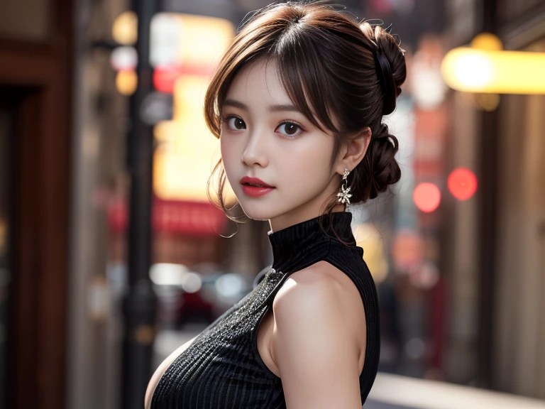 photography of a brightly sangmi nam who is Korean actress, masterpiece, photorealistic, analog, realism, Korean idol, slim leg, long_brown_hair,1 girl, very bright backlighting, solo, {beautiful and detailed eyes}, large breasts, calm expression, natural and soft light, delicate facial features, Blunt bangs, beautiful Korean girl, eye smile, very small earrings,(wearing a black long Tight-Fit Dress:1.3),(hair in an updo:1.3),(lips in a vivid shade of red:1.3),(standing in a model pose:1.3),23yo, film grain, real hands, shy smile,(cowboy shot:1.3)