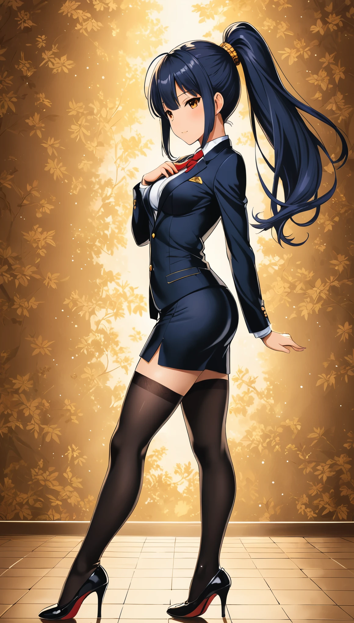 in style of Arthur Adams 
(1 girl ),Above the knee shot,from side，High-end dress suit，see through fullbodystocking under the suit,(arm_held_back),(gravure_pose:1.8),high ponytail,incredibly long hair，small breasts, BREAK
 (stand sideways:2.4),(mid breasts facing the viewer:2),(arm cross the ass:1.8),
