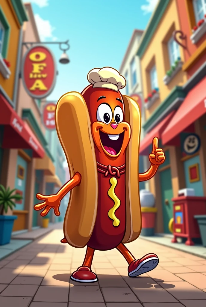 Fast Food logos with the words : Los Perros Contentosos&#39;s Street Fast Food, use a hotdog character in cartoon