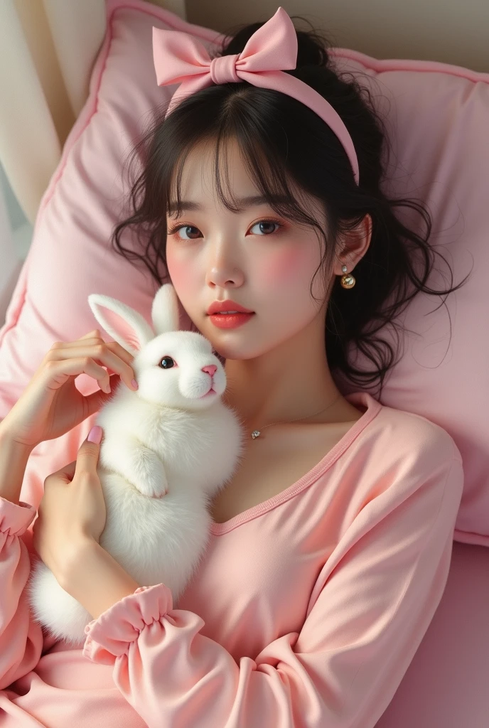 a woman with jeong yunho from ateez face claim, soft and cute features, doe eyes, round pink lips, pale skin, feminine features, detailed features, laying on a bed, dressed in pink coquette clothes and a pink bow on her hair, while petting a cute fluffy and white bunny