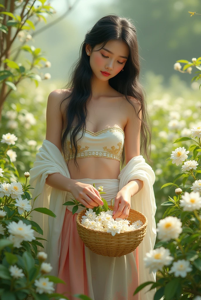 full lenght 4 k in the middle of a jasmine garden. A beautiful young woman, sweet and gentle, with long black hair flowing and flowing, wearing a Thai Dusit dress with a white strapless top that shimmers in the light, a gold and white sarong with pink sheen, a white shawl over her shoulders, is picking jasmine flowers and putting them in a small basket. The morning atmosphere is beautiful, the freshness of the green atmosphere of the jasmine section, an oil painting, a three-dimensional painting, an art painting by Ajarn Chalermchai.