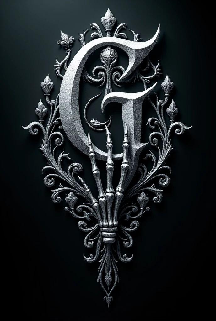 create a tattoo logo with ornaments around the letter G highlighted with the gothic font and with a skull hand in silver color