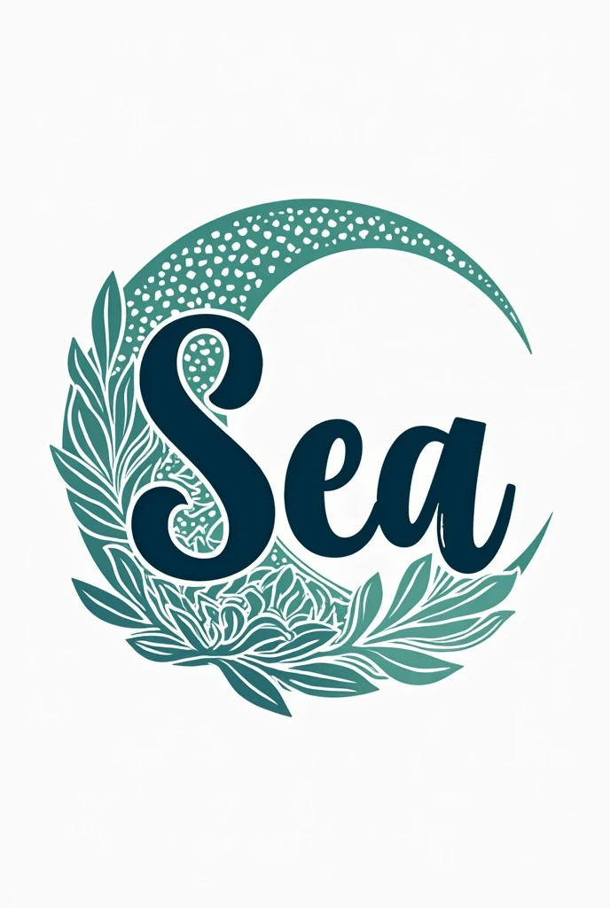 Logo brand for a crochet shop that has the name "Sea", use sea elements and crochet elements with saturated colors, neutral and more adult brand, written Sea in navy blue 