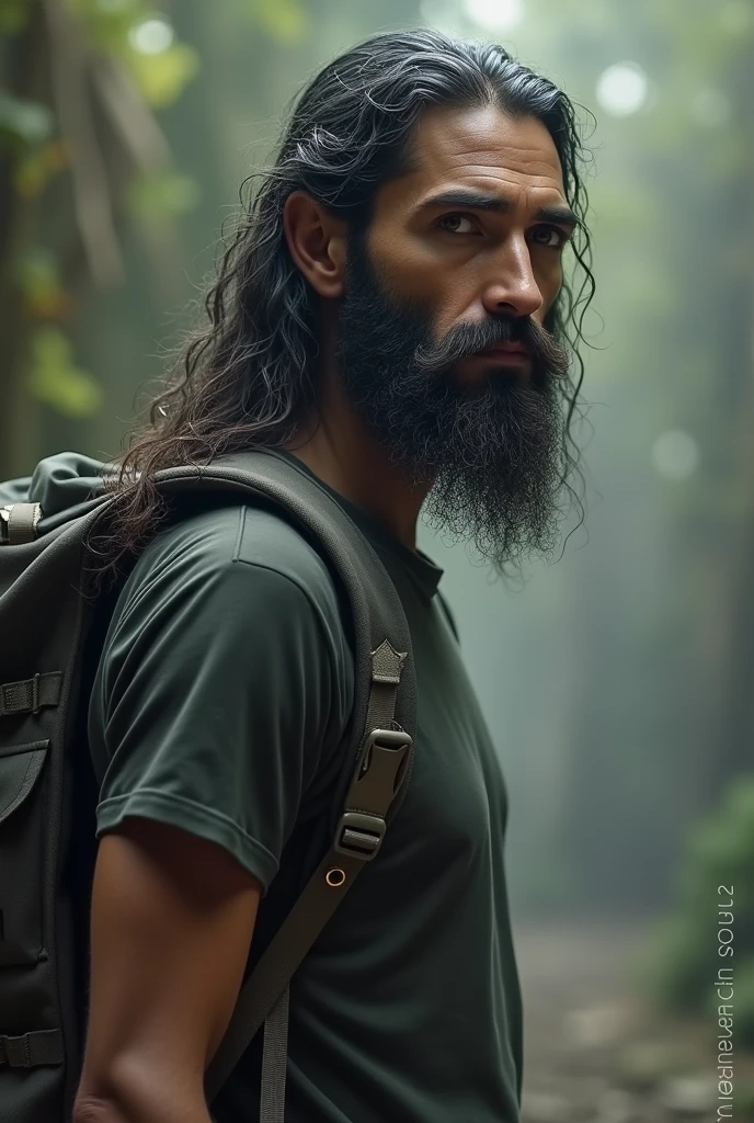man 1.80 tall, long curly hair, with a beard and a semi-full mustache, bushy eyebrows, thin jesus christ type, with an aruhaca backpack and a t-shirt and dark eyes, skinny