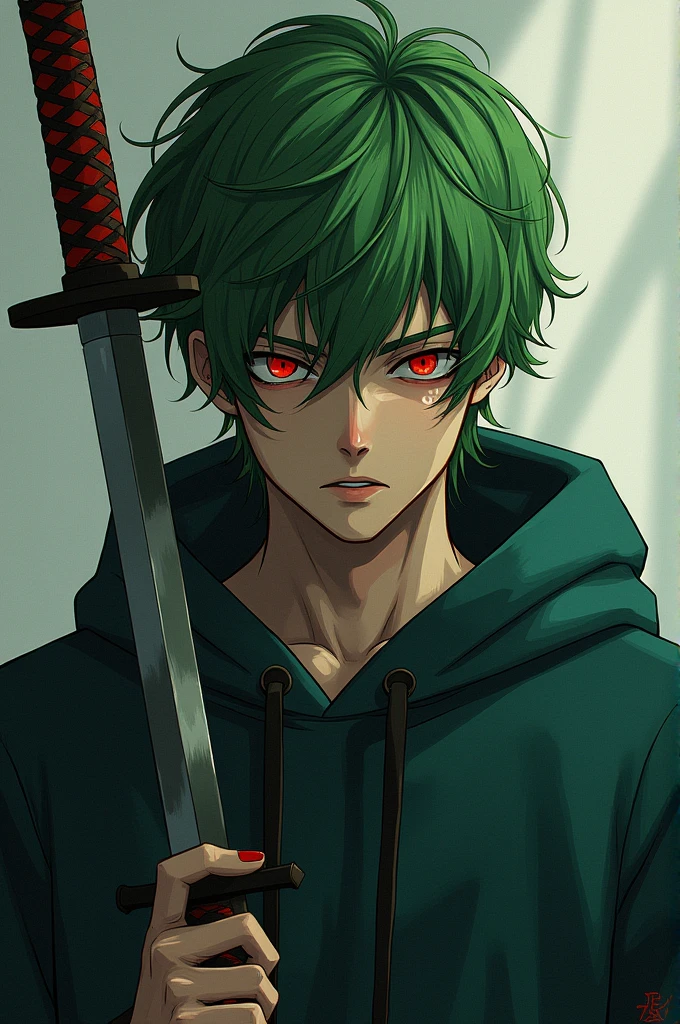 Man with green hair and yellow tips and red eyes with a katana and a psychopathic look, with a sweatshirt