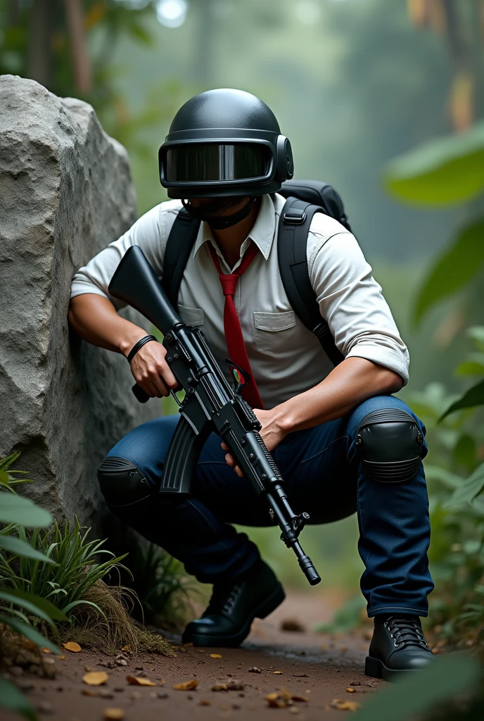PUBG, Man with white shirt and red tie, Navy Blue Jean Pants with Combat Knee Pads, black military cargo bag, covering oneself in a stone, in the jungle, Black level 3 helmet with dark visor covering the eyes, armed with AK47