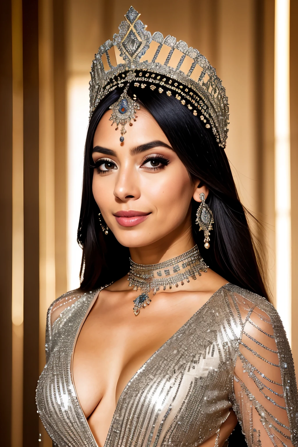 realistic portrait of an extremely beautiful Venezuelan woman, smiling, wearing a tight sequin Scuba Crepe 3/4 Sleeve Split V-Neck Sheath Dress, wearing a choker, detailed facial features, piercing eyes, wearing a headdress, elegant long eyelashes, beautiful lips, delicate nose, intricate jewelry, dramatic lighting, highly detailed, photorealistic, 8k, cinematic composition, dramatic pose, masterpiece