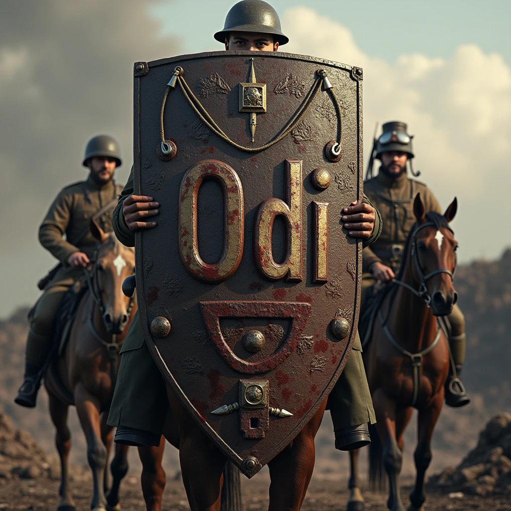 World War I shield with name ODI, with weapons and blood, with soldiers on horseback
