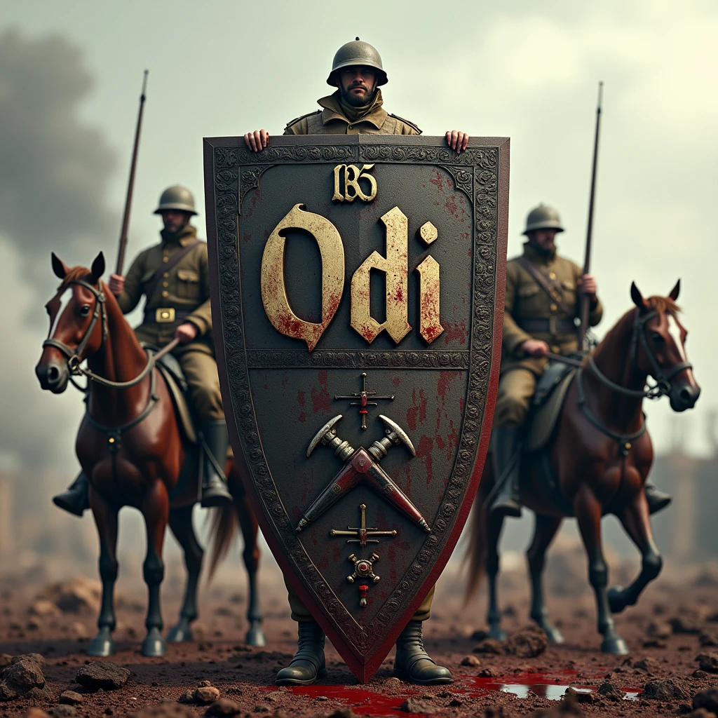 World War I shield with name ODI, with weapons and blood, with soldiers on horseback