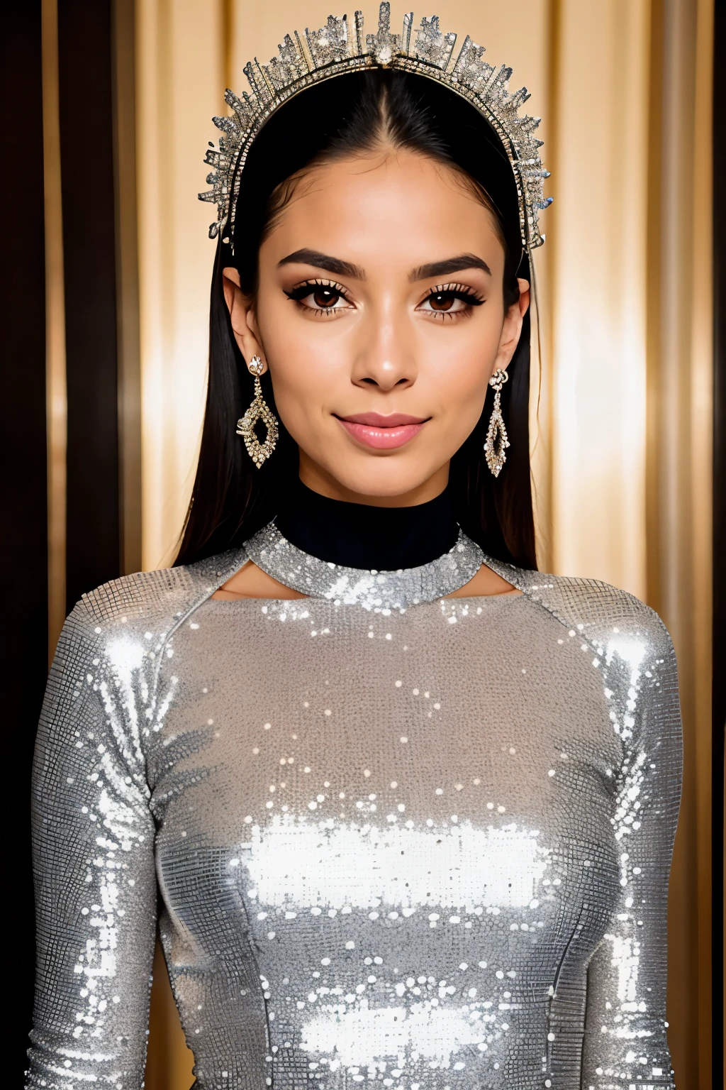 realistic portrait of an extremely beautiful Venezuelan woman, smiling, wearing a tight sequin Scuba Crepe 3/4 Sleeve Split V-Neck Sheath Dress, wearing a choker, detailed facial features, piercing eyes, wearing a headdress, elegant long eyelashes, beautiful lips, delicate nose, intricate jewelry, dramatic lighting, highly detailed, photorealistic, 8k, cinematic composition, dramatic pose, masterpiece