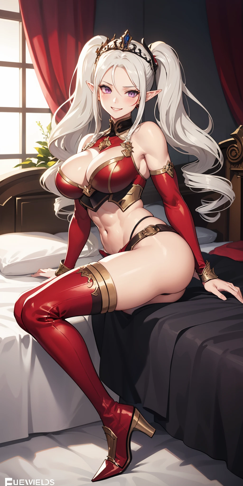 Blue gold Knight armor, knight helmet, skirt, huge, head band, busty, silver hair, elf ears, cool face, beauty mark under eyes, intrincate details, detailed, masterpiece, best quality, 4K, HDR, royal hall, bedroom background (Edelgard von Hresvelg, white eyelashes and long hair, purple eyes) elegant adult female, full body sitting on a bed, showing ass to me, RED breastplate, RED skin (1SologirlRED skin:1.2), looking at viewer, shiny, armor, thigh highs, high boots, pauldrons shoulder armor, faulds, poleyn, RED gloves gauntlets, rerebrace, RED military armored boots, yordle muscular lean platinum blonde long twin tails hairstyle at the bedroom lustful smirking smile face red blushed, blush, strong abs, female body builder, tiara, twin drills hair, (masterpiece, best quality, ultra detailed, best shadow)