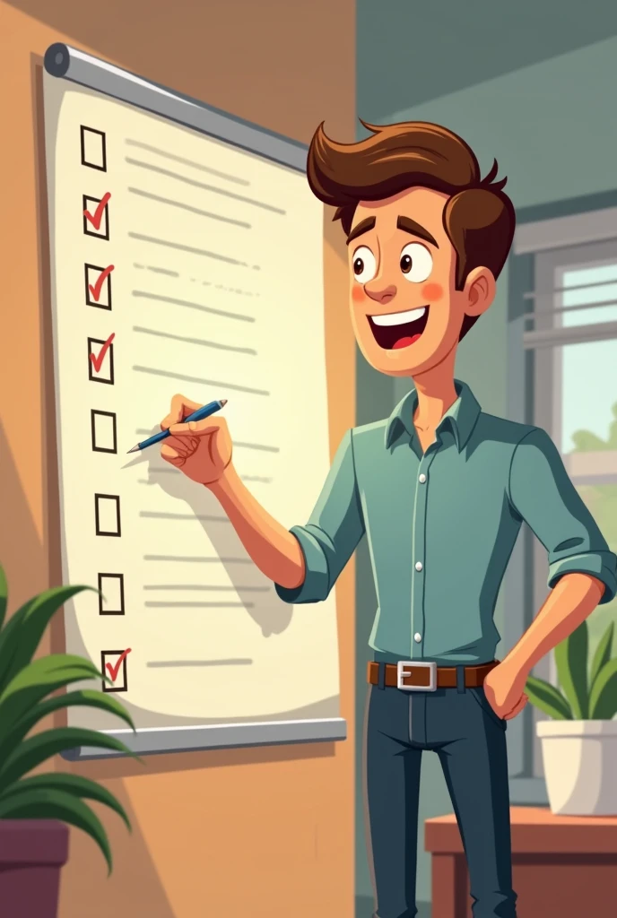 Animated man is using a list to organize his work, looking happier and more focused.