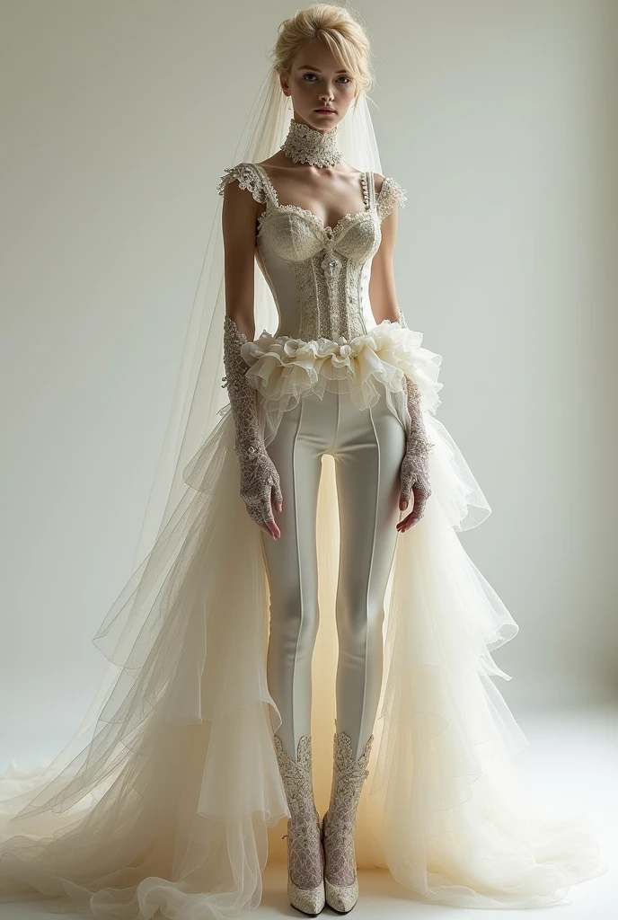 thin androgynous man, with blonde hair, rococo wedding dress. She wears a unique outfit that combines a dress with very tight dress pants.. The trousers are complemented by an impressive dress train that starts from the waist., with lots of tulle and fluffy. The top features a corset, a full lace square neck to the waist, sleeveless, decorated with delicate ruffles and glassware details that add a touch of luxury. The outfit is completed with a bridal veil of more than five meters., long lace gloves