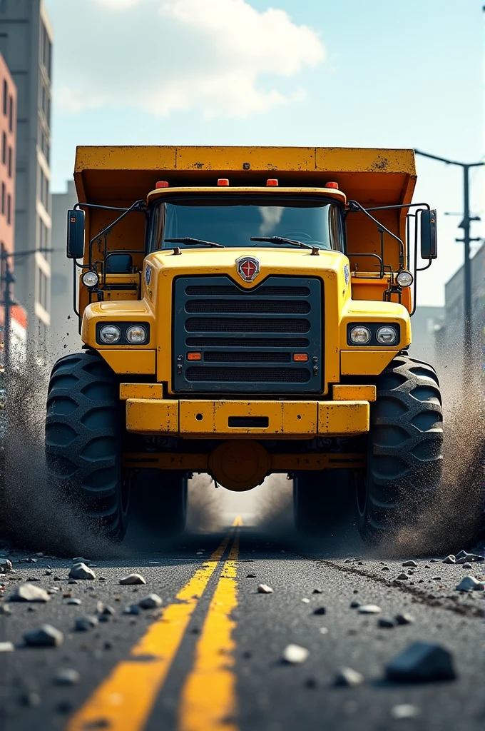 Yellow Mack Granite truck breaking the asphalt at high speed 