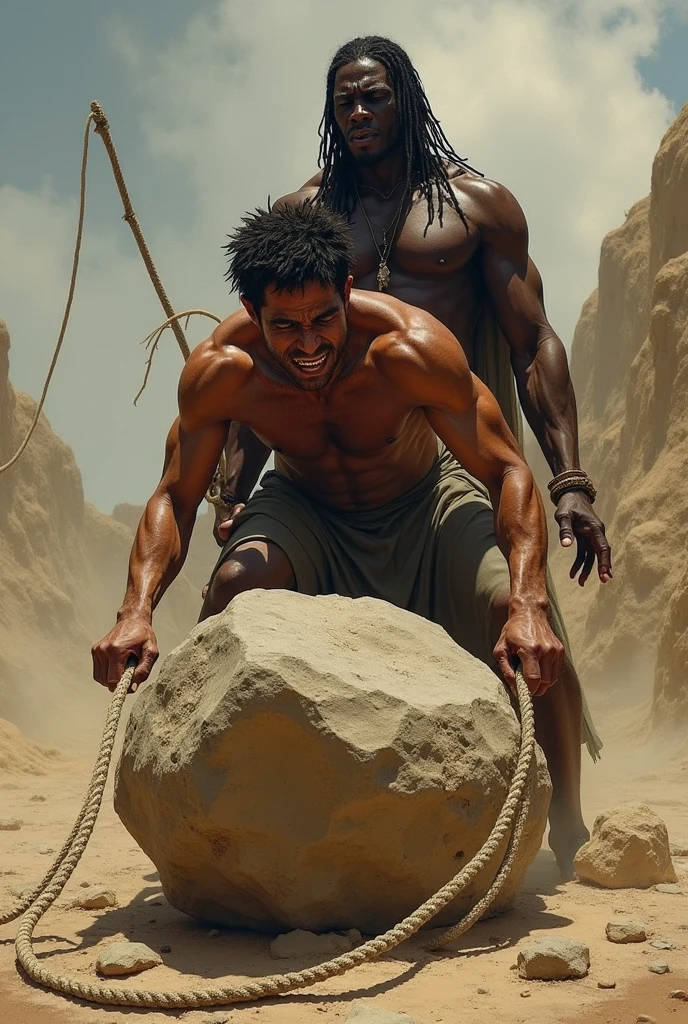 Show me a man pulling a rock with a rope and suffering and there's a black man whipping the man's back