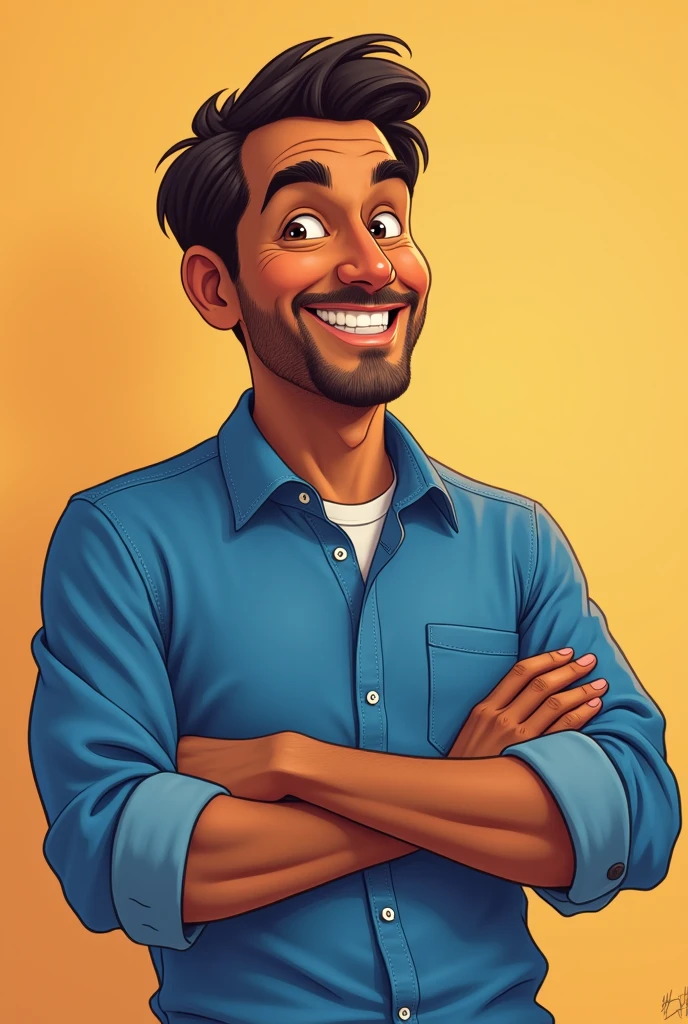 create an illustration of a brown man in his 49s, with dark brown eyes and short hair with receding hairline, wearing a blue colored shirt #2b2a7e, where he is smiling with his arms crossed and looking forward. The illustration should follow the Pixar style of the movie Up