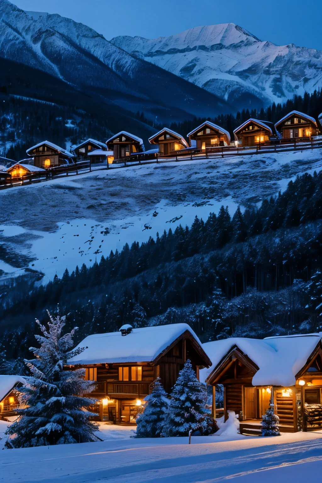 A rustic snow-covered village on a mountain, with warm lights coming from the windows of houses and pine trees around.