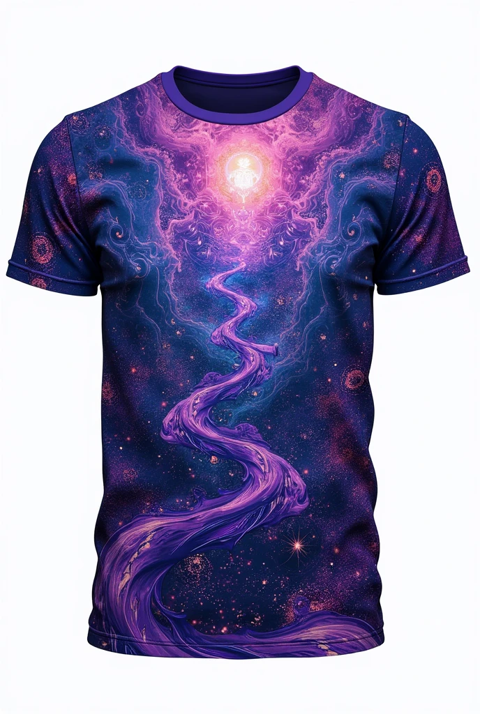 A regular T-shirt with unusual patterns and symbols in purple and blue, T-shirt on white background 