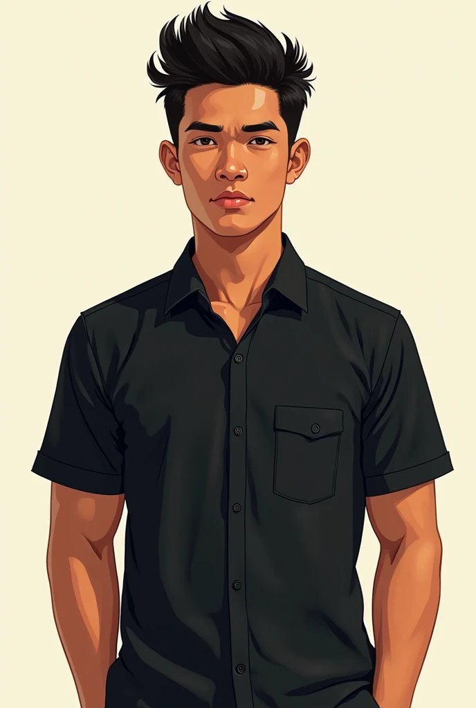 make an illustration of a javanese boy, 6 foot tall, tan, big high-bridged nose, fluffy hair, thick eyebrow, atletic body, and wearing black pressed shirt. 16-1