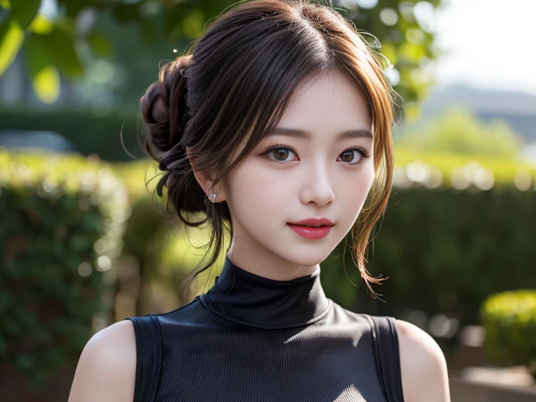 photography of a brightly sangmi nam who is Korean actress, masterpiece, photorealistic, analog, realism, Korean idol, slim leg, long_brown_hair,1 girl, very bright backlighting, solo, {beautiful and detailed eyes}, large breasts,　calm expression, natural and soft light, delicate facial features, Blunt bangs, beautiful Korean girl, eye smile, very small earrings,(wearing a black long Tight-Fit Dress:1.3),(hair in an updo:1.3),(lips in a vivid shade of red:1.3),(standing in a model pose:1.3),23yo, film grain, real hands, shy smile,(cowboy shot:1.3)
