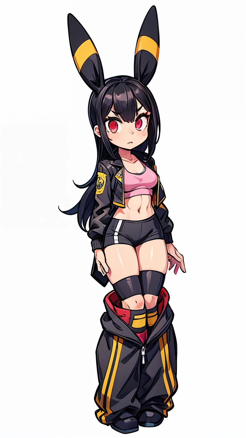 a girl with black hair, umbreon ears, red eyes, wearing black leggins shorts, pink sports bra, medium breasts, open black leather jacket, round ass, small hips, detailed face, beautiful detailed eyes, beautiful detailed lips, extremely detailed eyes and face, long eyelashes, photorealistic, 8k, high quality, hyperdetailed, cinematic lighting, dramatic colors, vibrant, moody, dark fantasy