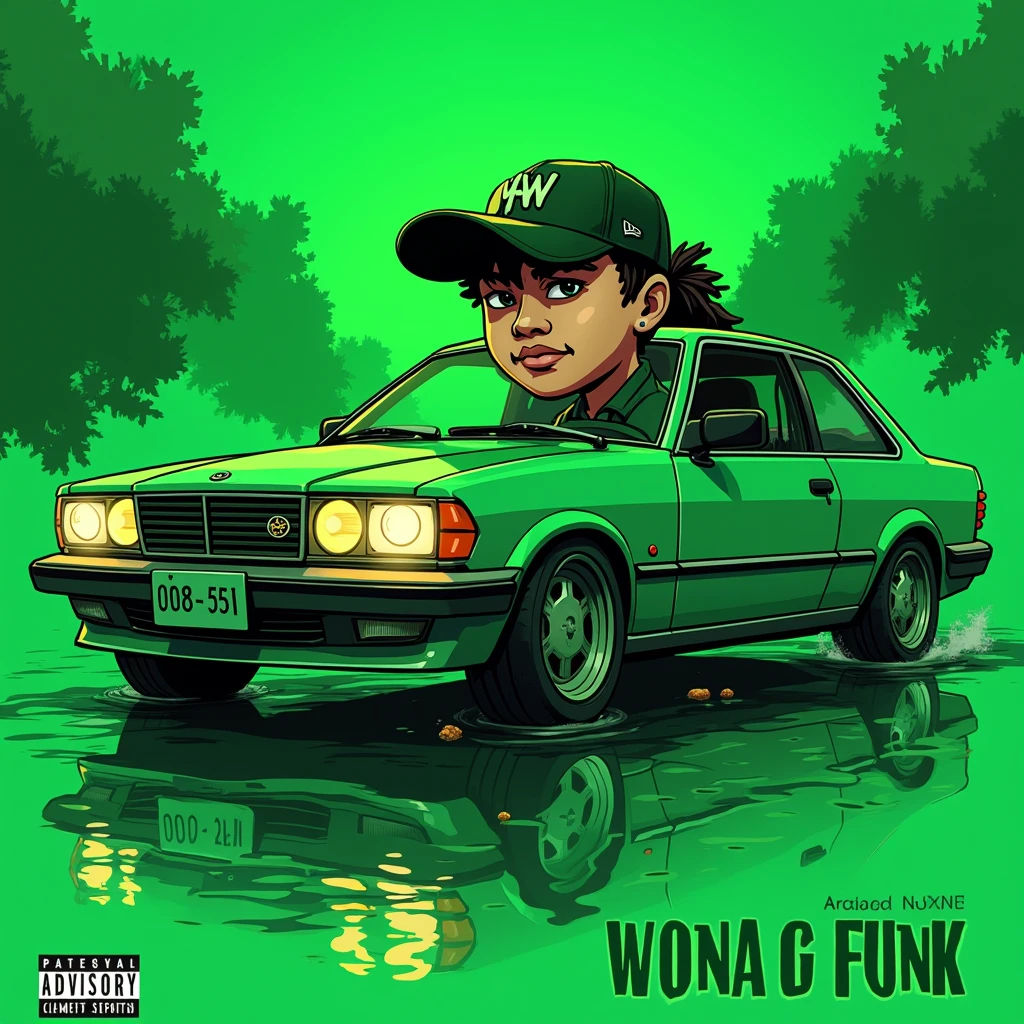 G-FUNK Hip Hop Album Cover, Green Background, Green Car, WONA G FUNK. Let an Asian teen with a deep ball cap come out