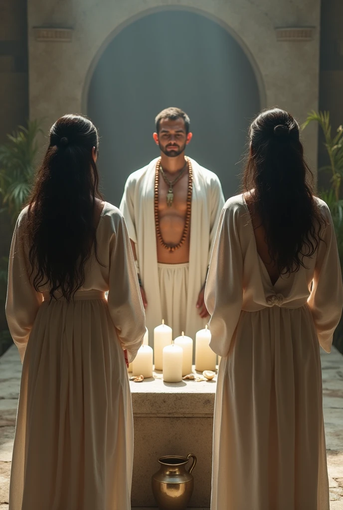 2 women 1 man 1 in white clothes, with bead necklaces in front of an altar with white candles, a jug of water.
