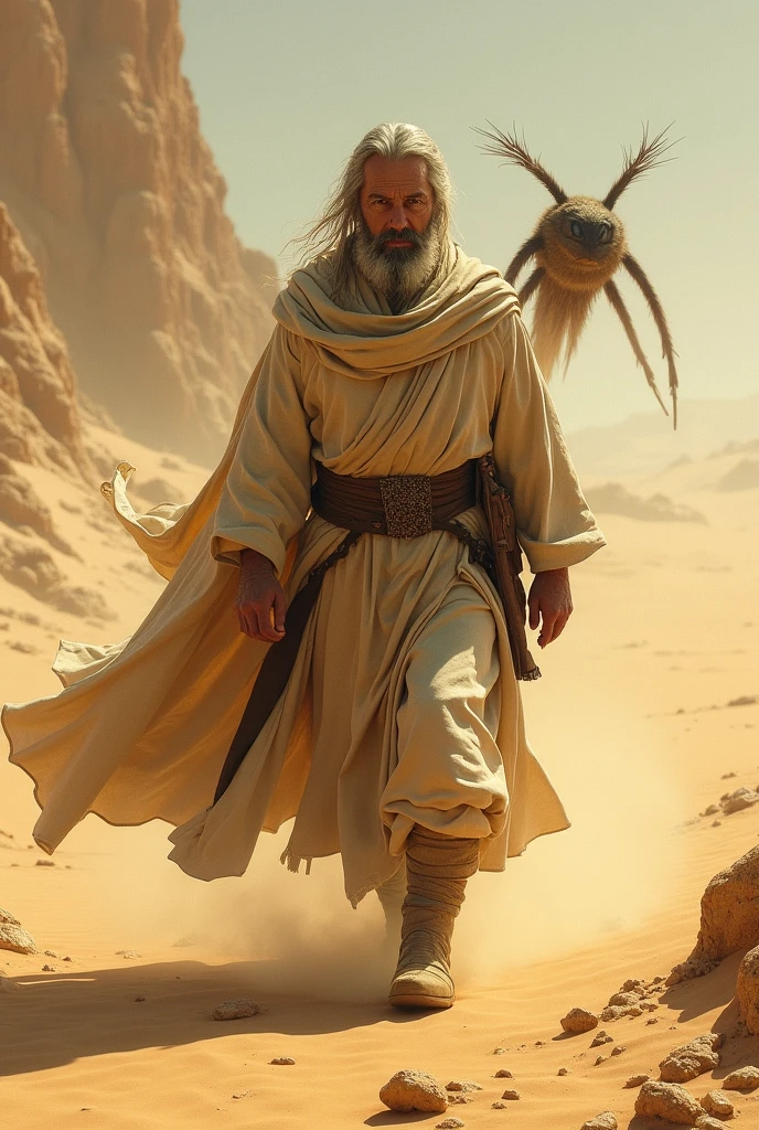 arafed man walking in the desert with a long robe, a matte painting by Alexander Kucharsky, trends on pixabay, digitl art, scene from the movie dune 2 0 2 1, sand desert fantasy, walking in the desert, the king in the desert, in an arena in movie dune-2021, wind and dust, sand wizard WALKING WITH AN EYE AT HIS SIDE