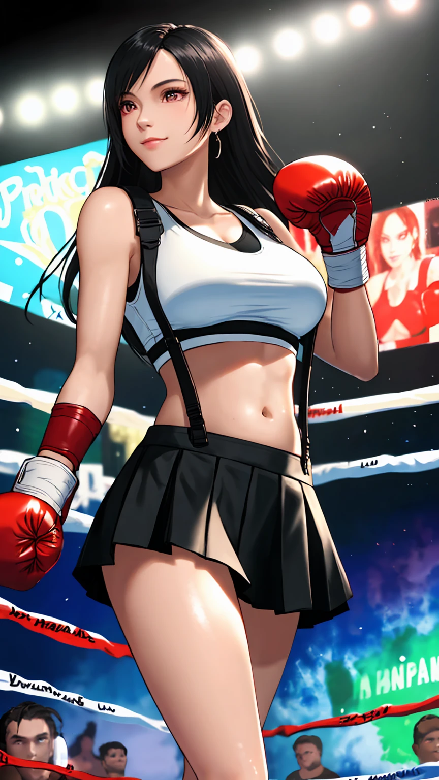 8k,masterpiece, BSET quality,big, (1 person), Tifa Lockhart, red_eye, Black Hair, Long Hair, Professional Lighting, (Glowing Skin: 1.2), shiny big, ((Highest quality)), Sharp focus: 1.2, Highly detailed face and skin texture, detailed eye, Perfect Face, Perfect body, Blur Art, CG, Background Big Tits, before (20-year-old, Mature, cool and beautiful face), Worn (Black skirt with suspenders), Boxing gloves, Boxing Ring, White Tight Shirt, thigh, White tank top, belly button,Smirking,From,Below,