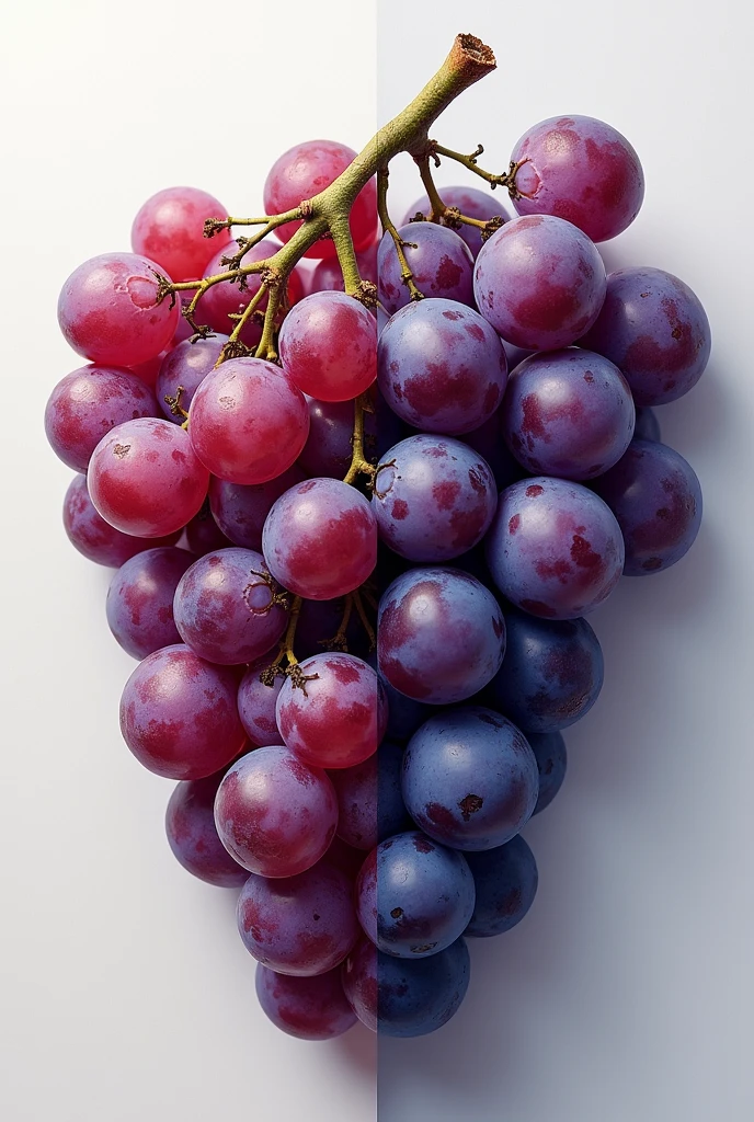 Visualize a bunch of purple grapes on the left side, with the withered grains,similar to raisins, showing clear signs of deterioration. on the right side, see a bunch of vibrant purple grapes, shining with freshness and juiciness, demonstrating its vitality and perfection. The difference between the two bunches is remarkable, symbolizing a stark contrast between what is lost and what is at its best.