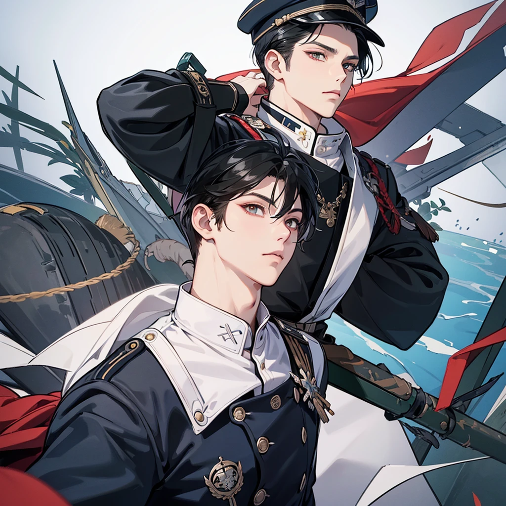 Highest quality、high quality、cool、Personification of fish、Handsome、Visual Kei、Provocative、Alluring、looking at the camera、Glare、A sophisticated adult、ennui、Black Hair、air force、uniform、Uniform cap、Slicked back hairstyle、1 person、A strand of bangs hanging from a military cap、Face close-up