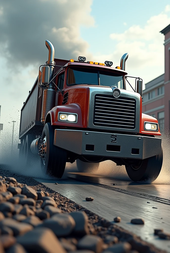 Mack Granite truck breaking the asphalt at high speed 