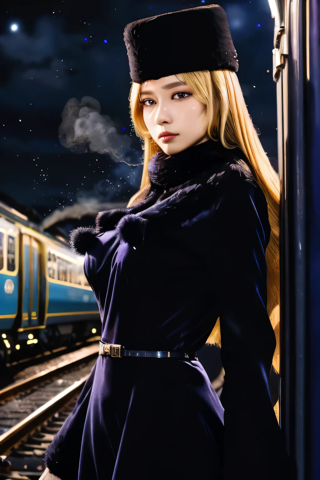 Highest quality, Great quality,, RAW Photos, Realistic, Unbelievably absurd, Very detailed, delicate, Flashy and dynamic depiction, Galaxy Express 999, Material, Long Hair, Blonde, Fur trim, Black Hat, Fur is, dress, Dynamic Angle、Beautiful and cool woman, Very large breasts bigger than a face, sad, Fleeting, Melancholic expression, Sharp eyes, Sharp Face, Slender and perfect proportions, Tight waist, Long eyelashes, Detailed pupil, Detailed skin texture, Background Galaxy, night, Station platform, Steam locomotive station, luggage