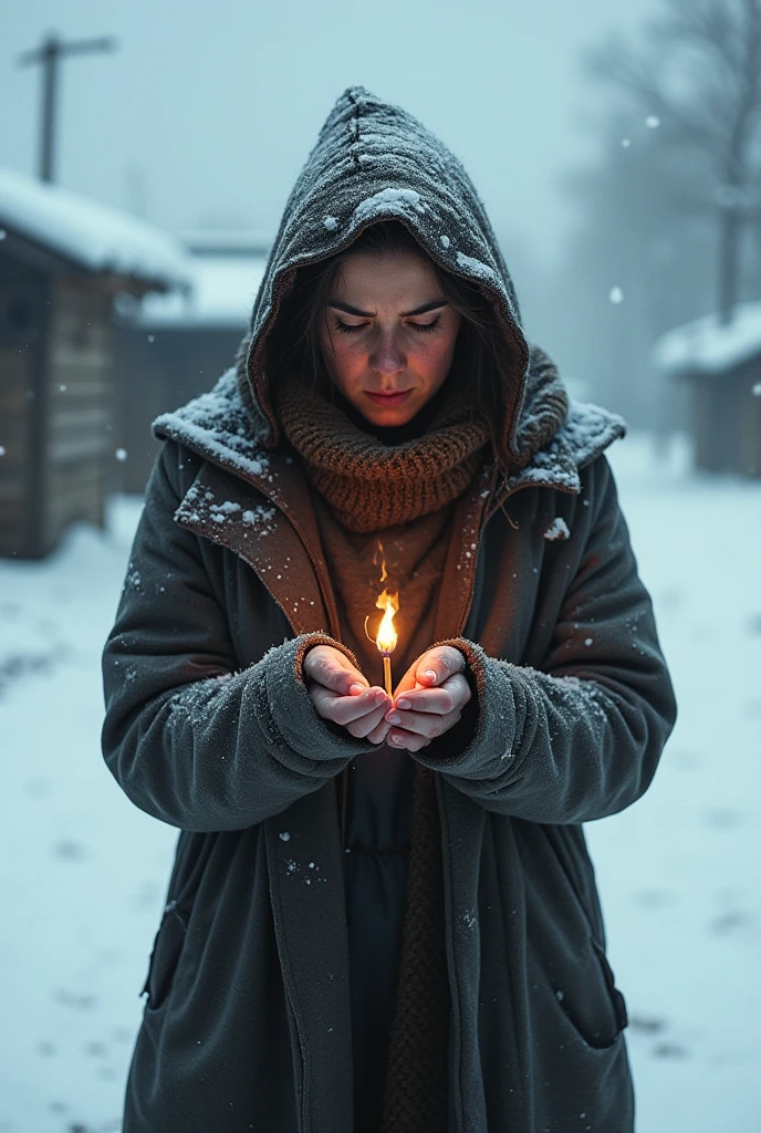 A poor woman with a match in her hand warming herself in snowy weather