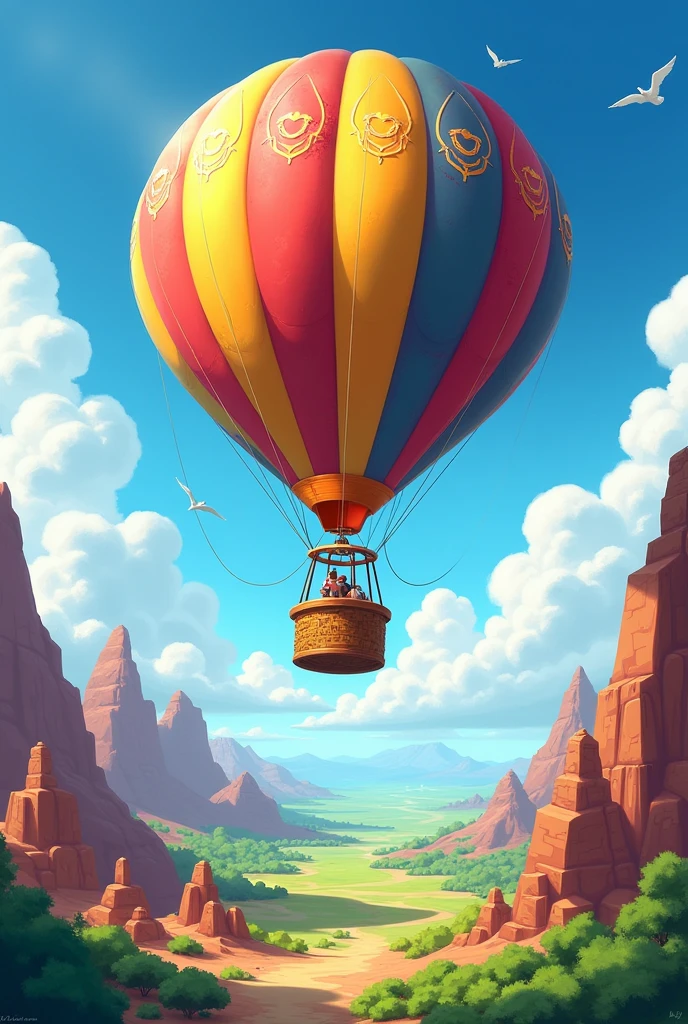 You can create a cover that contains
### Title: borders
### Cover Design:
1. **bottom**:
- A clear blue sky with fluffy clouds, that represents freedom and travel.
- On the bottom, a landscape that combines elements such as mountains, deserts and green fields, symbolizing the different places they visit.
2. **Central Element**:
- A colorful hot air balloon basket in the center, with the balloon raised. The balloon can have vibrant patterns that attract