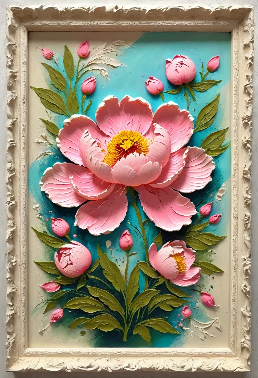 On display,A painting in a white plaster frame:(((Soft tones,Chalk painting,Oil stick painting,flight,Thick coating,Uneven texture,Plaster texture,Graffiti)))。Korean style framed decorative painting,3D Decorating,French style peony flower
